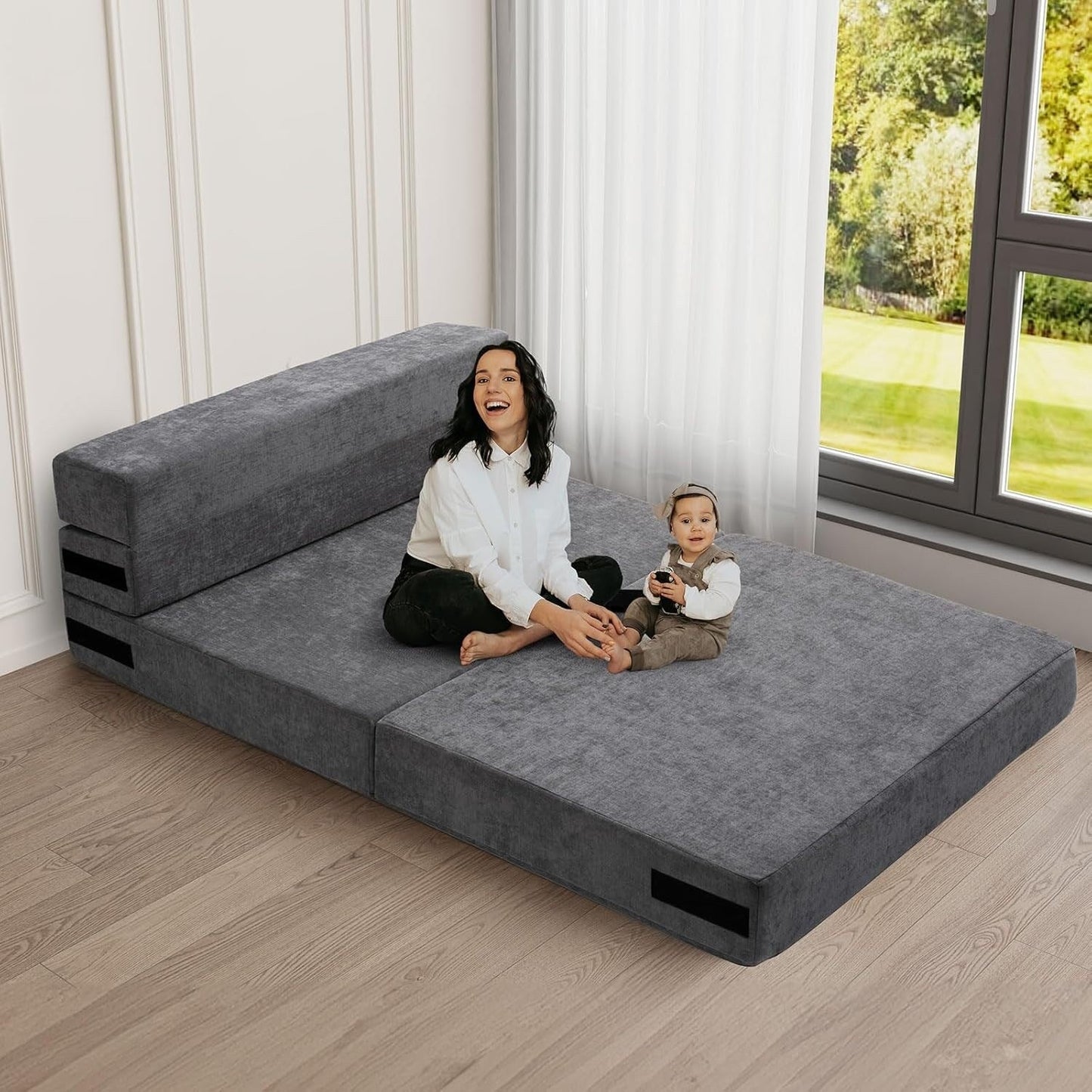 Convertible Folding Sofa Bed - Twin Size Sleeper Chair with Pillow & Foam Mattress, Gray Futon Couch for Living Room/Dorm