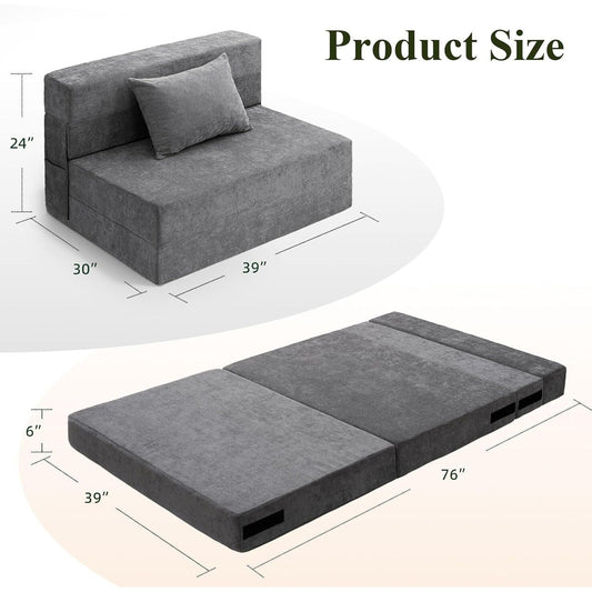Convertible Folding Sofa Bed - Twin Size Sleeper Chair with Pillow & Foam Mattress, Gray Futon Couch for Living Room/Dorm