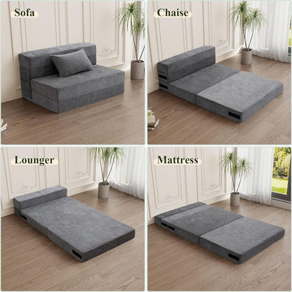 Convertible Folding Sofa Bed - Twin Size Sleeper Chair with Pillow & Foam Mattress, Gray Futon Couch for Living Room/Dorm