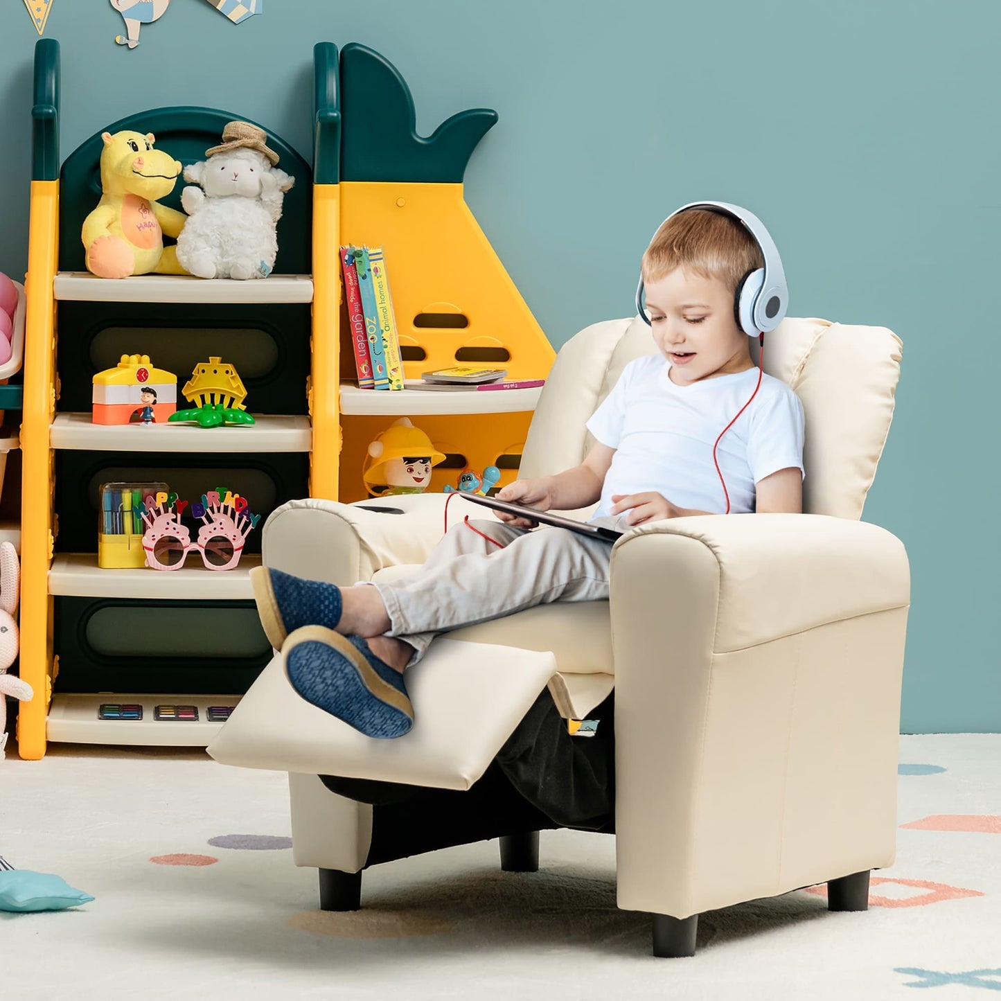 Costway Kids Recliner Chair PU Leather Armrest Sofa w/Footrest Cup