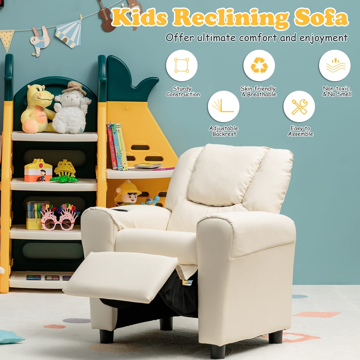 Costway Kids Recliner Chair PU Leather Armrest Sofa w/Footrest Cup