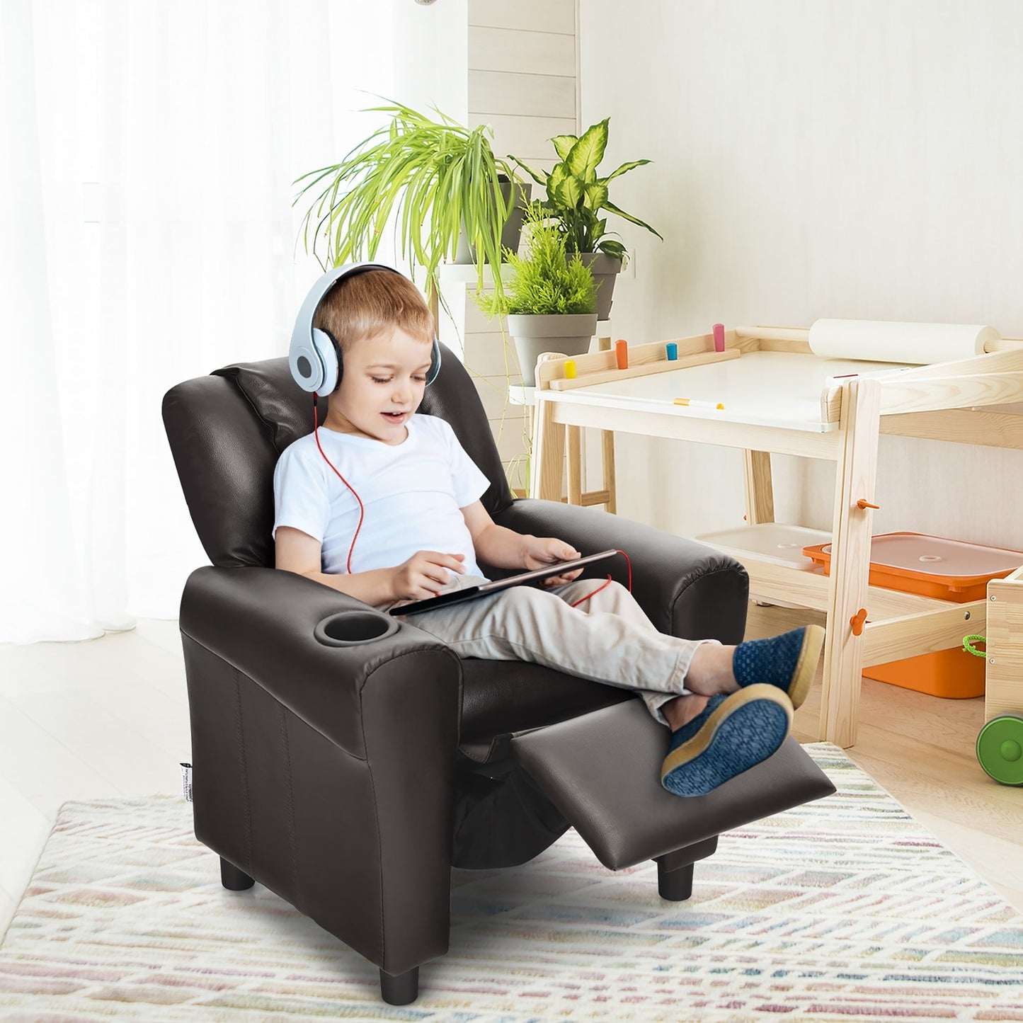 Costway Kids Recliner Chair PU Leather Armrest Sofa w/Footrest Cup