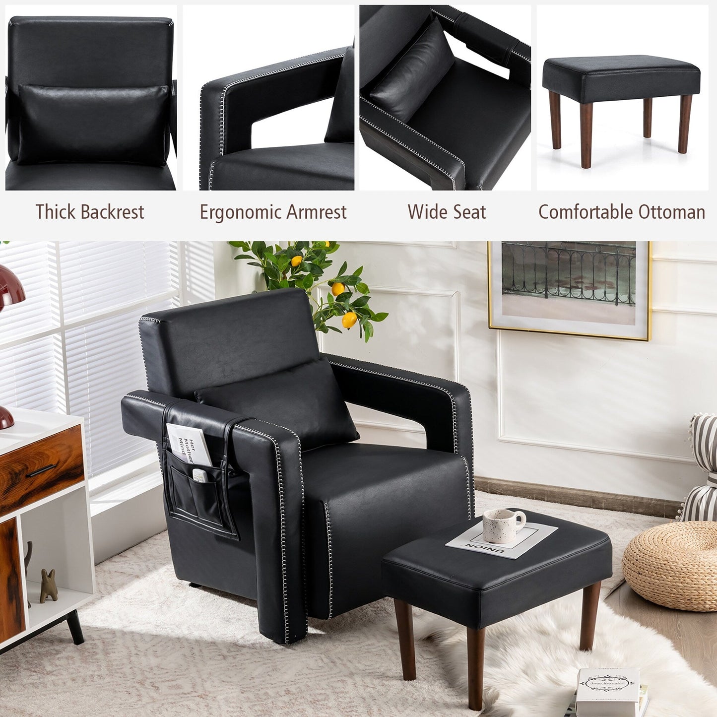 Costway Modern Berber Fleece Single Sofa Chair w/ Ottoman & Waist - 31'' x 31'' x 34.5''
