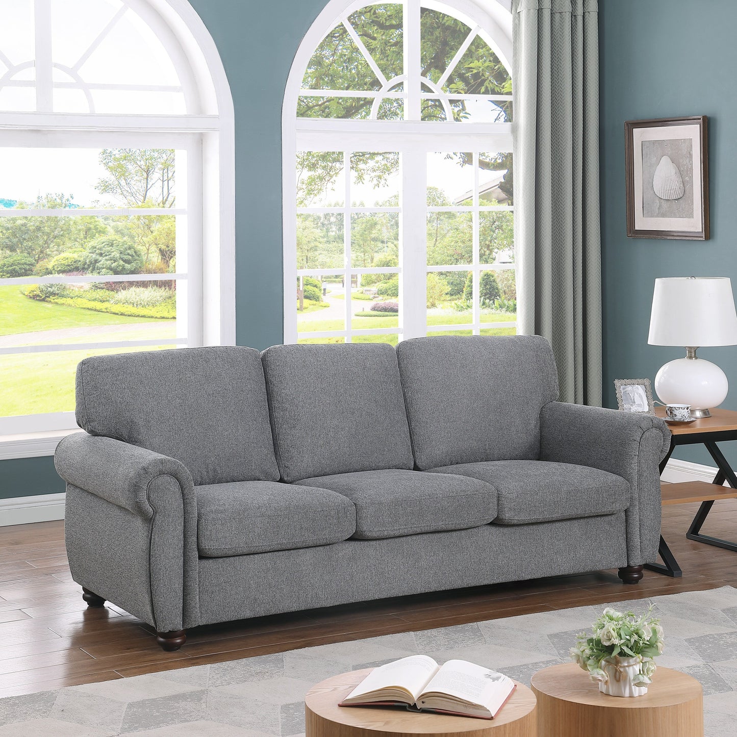 Dark Grey Soft Chenille 3-Seat Sofa with Solid Wood Frame - 34.40 x 84.60 x 33.85