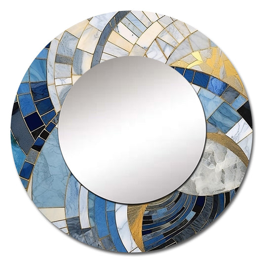 Designart Gold Constructing Blue Realms I Abstract Shapes Round Mirror - Modern Blue Living Room Mirror