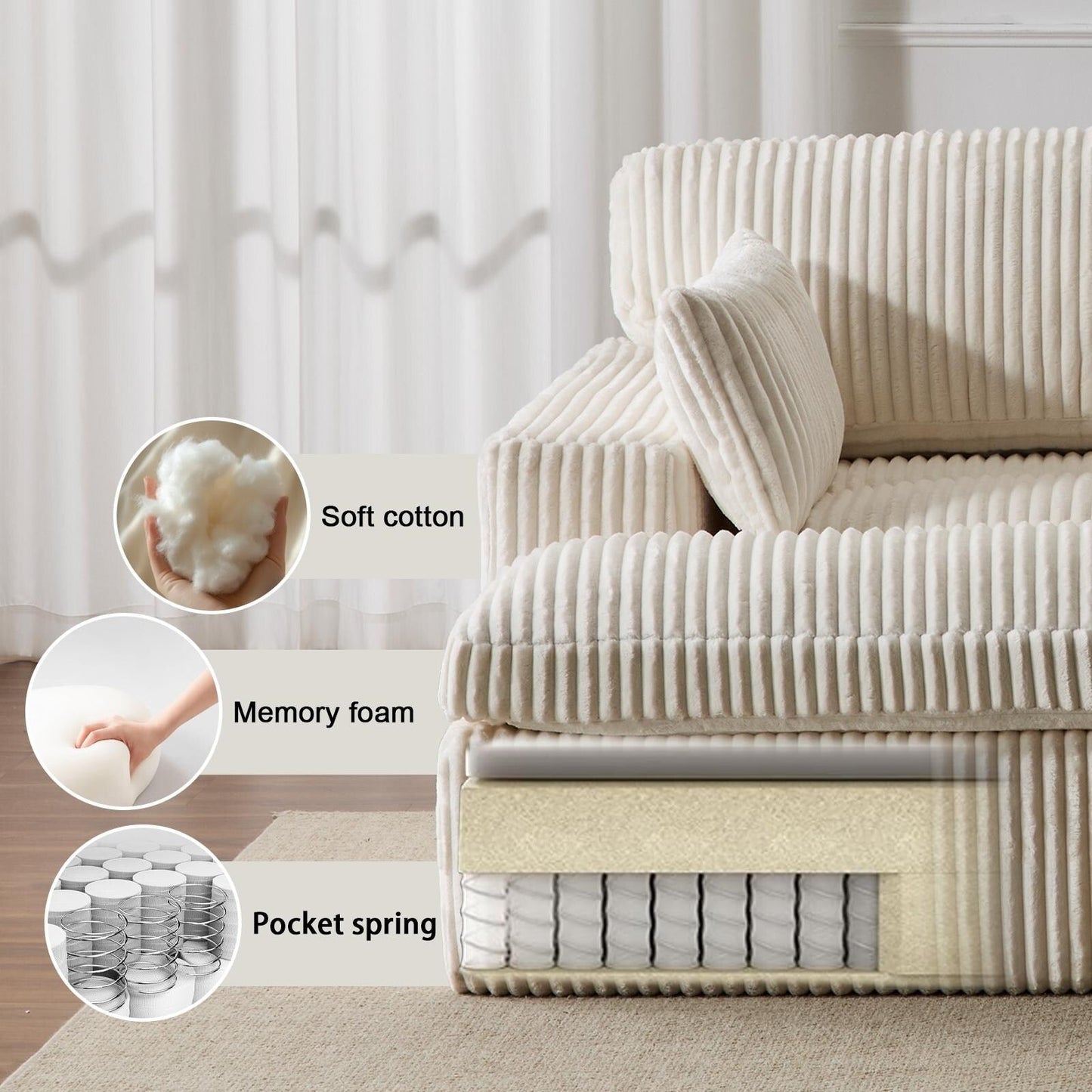 Double Chaise Lounge Chair Indoor Oversized Upholstered Sleeper Sofa Bed Sectional Chaise Corduroy Living Room Chair No Assembly