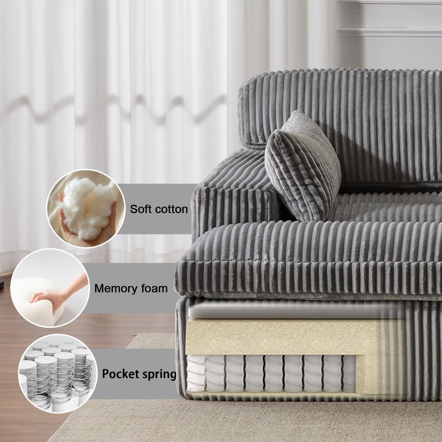 Double Chaise Lounge Chair Indoor Oversized Upholstered Sleeper Sofa Bed Sectional Chaise Corduroy Living Room Chair No Assembly