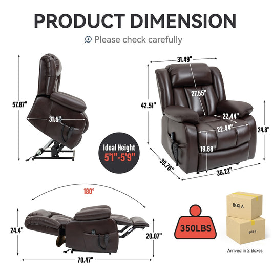 Dual Motor Infinite Position Up to 350 LBS Electric Power Lift Recliner Chair with 8-Point Vibration Massage and Lumbar Heating