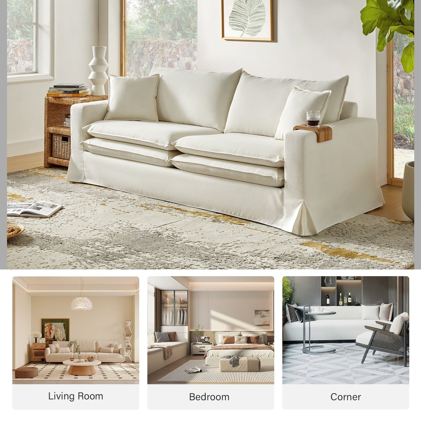 Elias Modern Slipcovered Sofa with Cup Holder and Reversible Cushions by HULALA HOME