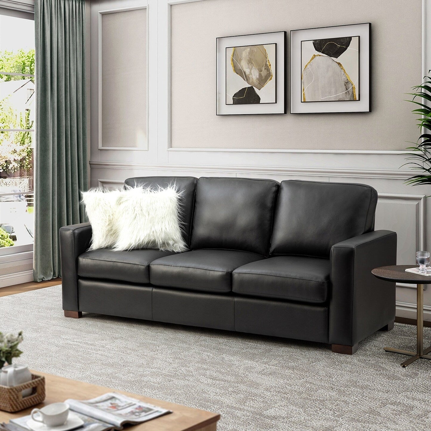 Ernando 83.46 Wide Genuine Leather Sofa with Squared Arms and Pillows