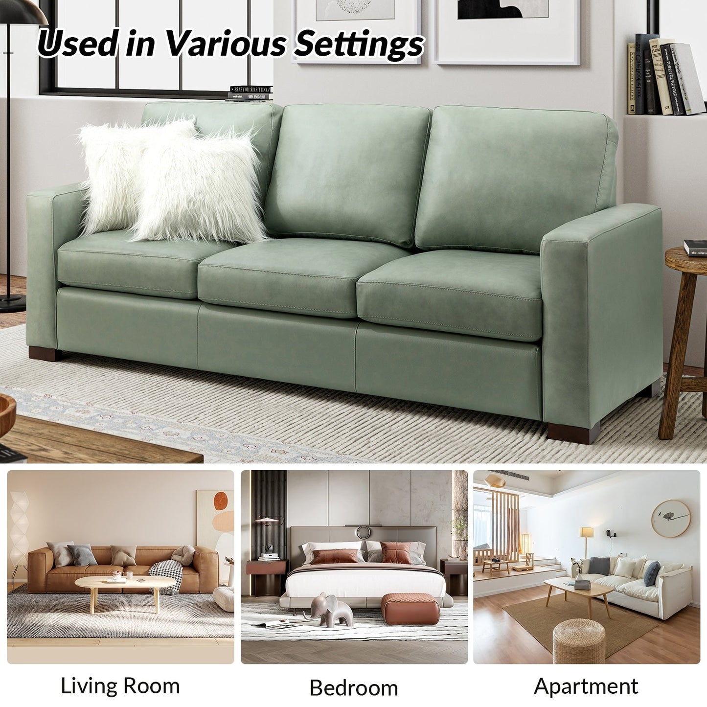 Ernando 83.46 Wide Genuine Leather Sofa with Squared Arms and Pillows