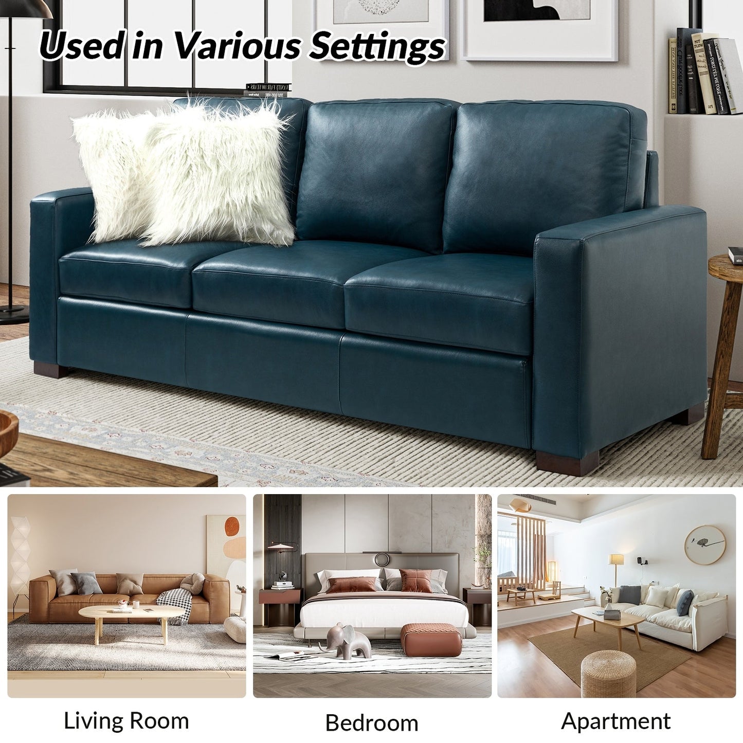 Ernando 83.46 Wide Genuine Leather Sofa with Squared Arms and Pillows