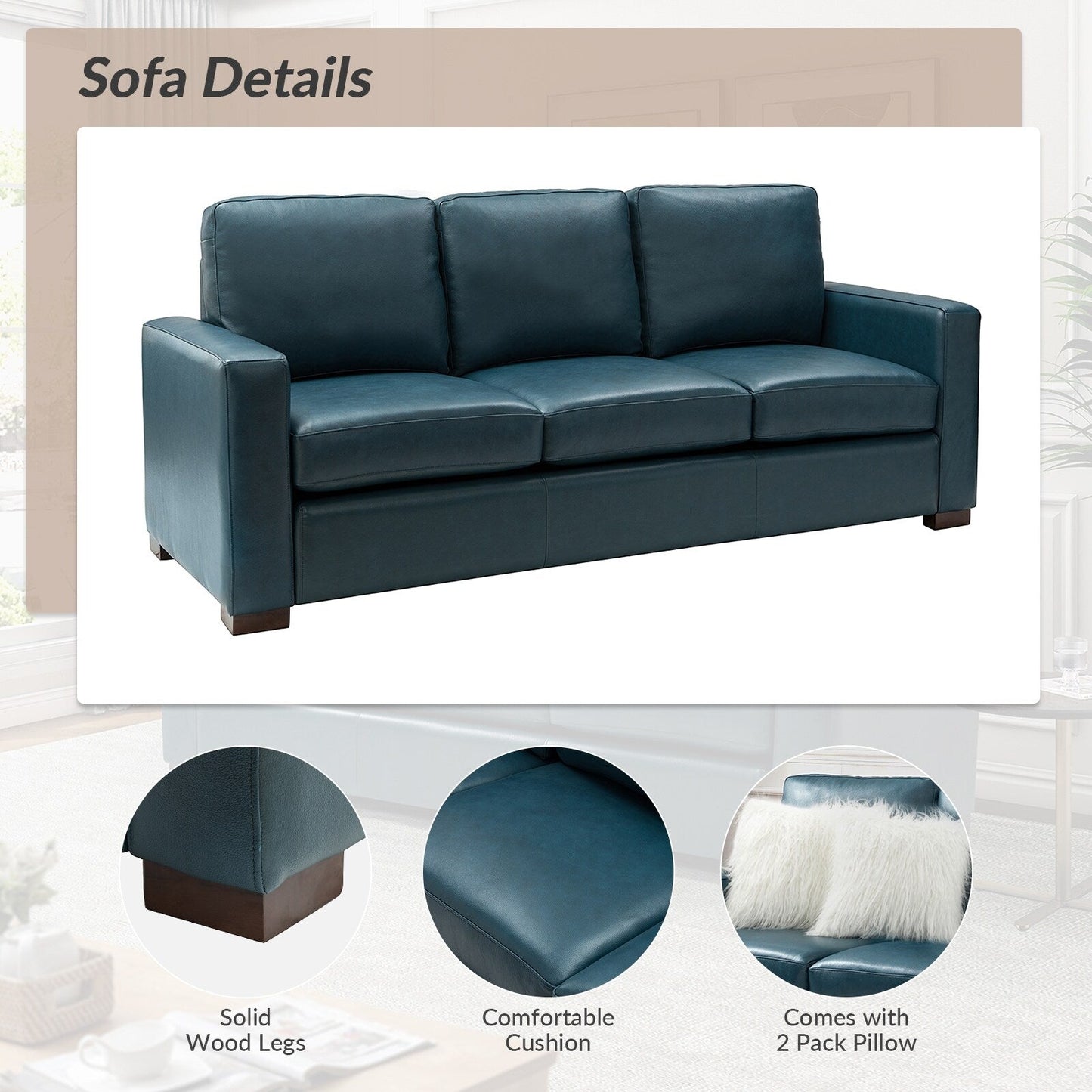 Ernando 83.46 Wide Genuine Leather Sofa with Squared Arms and Pillows