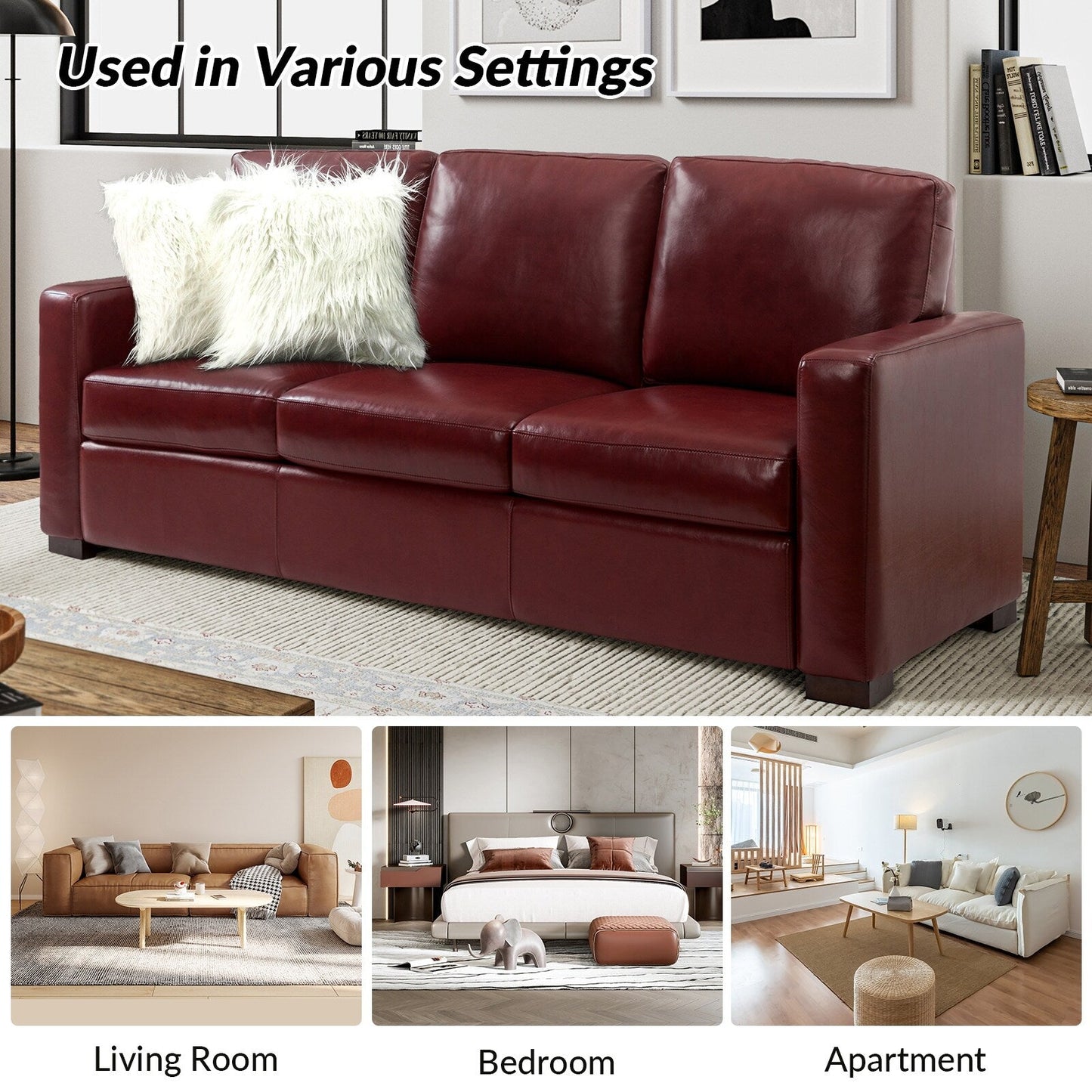 Ernando 83.46 Wide Genuine Leather Sofa with Squared Arms and Pillows