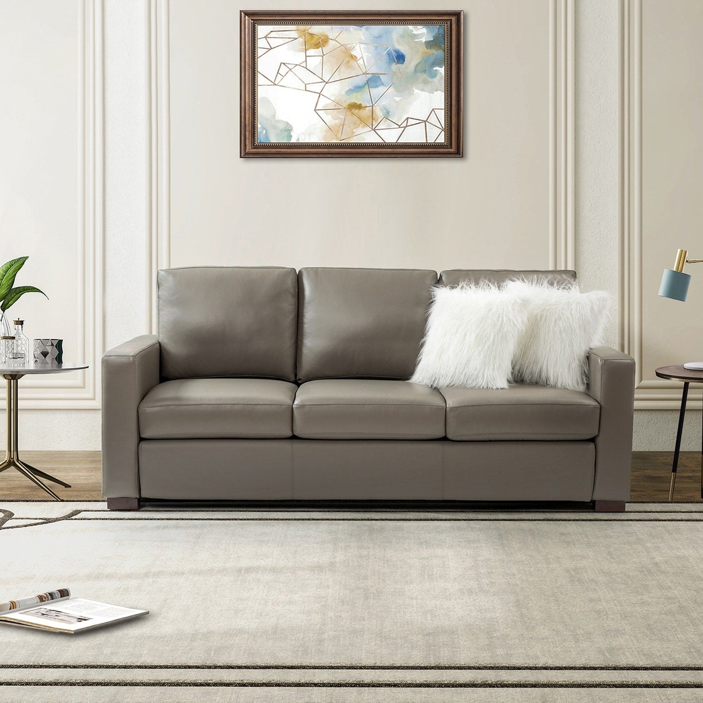Ernando 83.46 Wide Genuine Leather Sofa with Squared Arms and Pillows