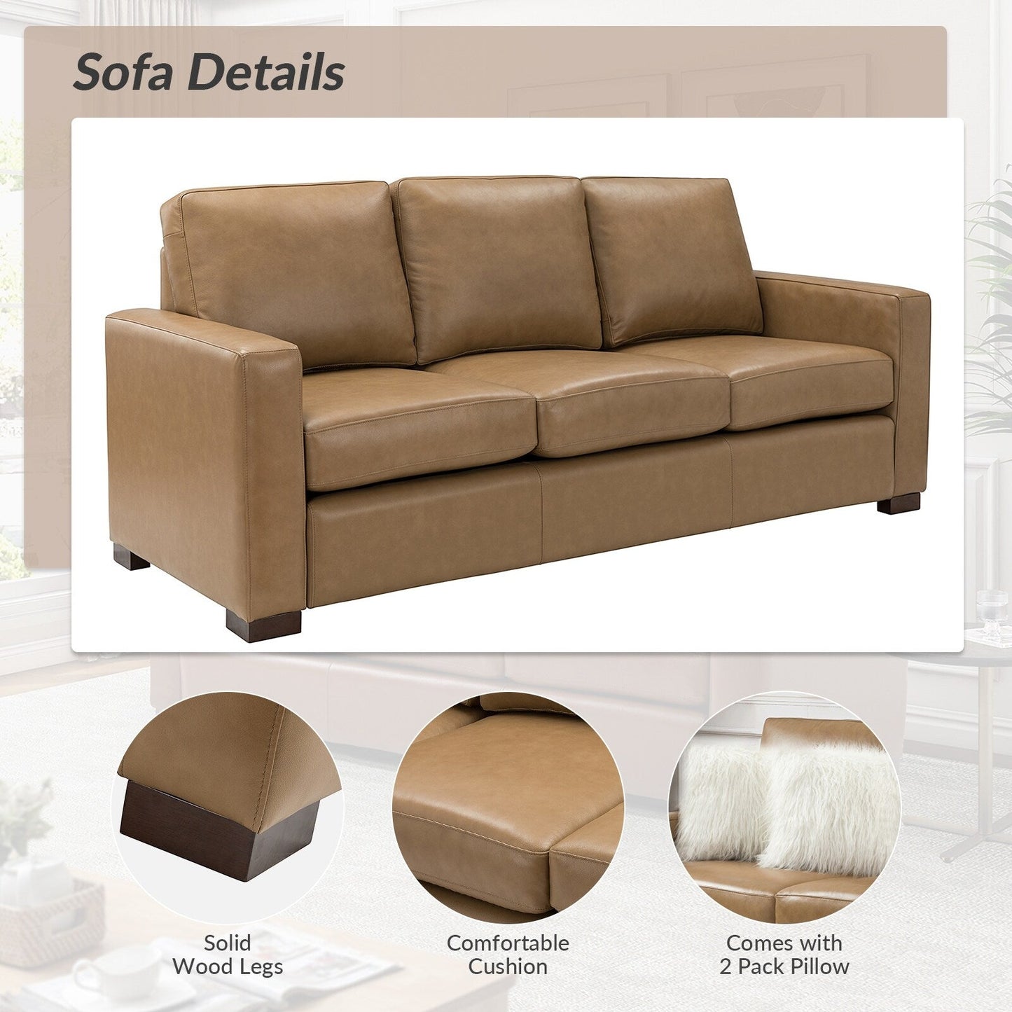Ernando 83.46 Wide Genuine Leather Sofa with Squared Arms and Pillows