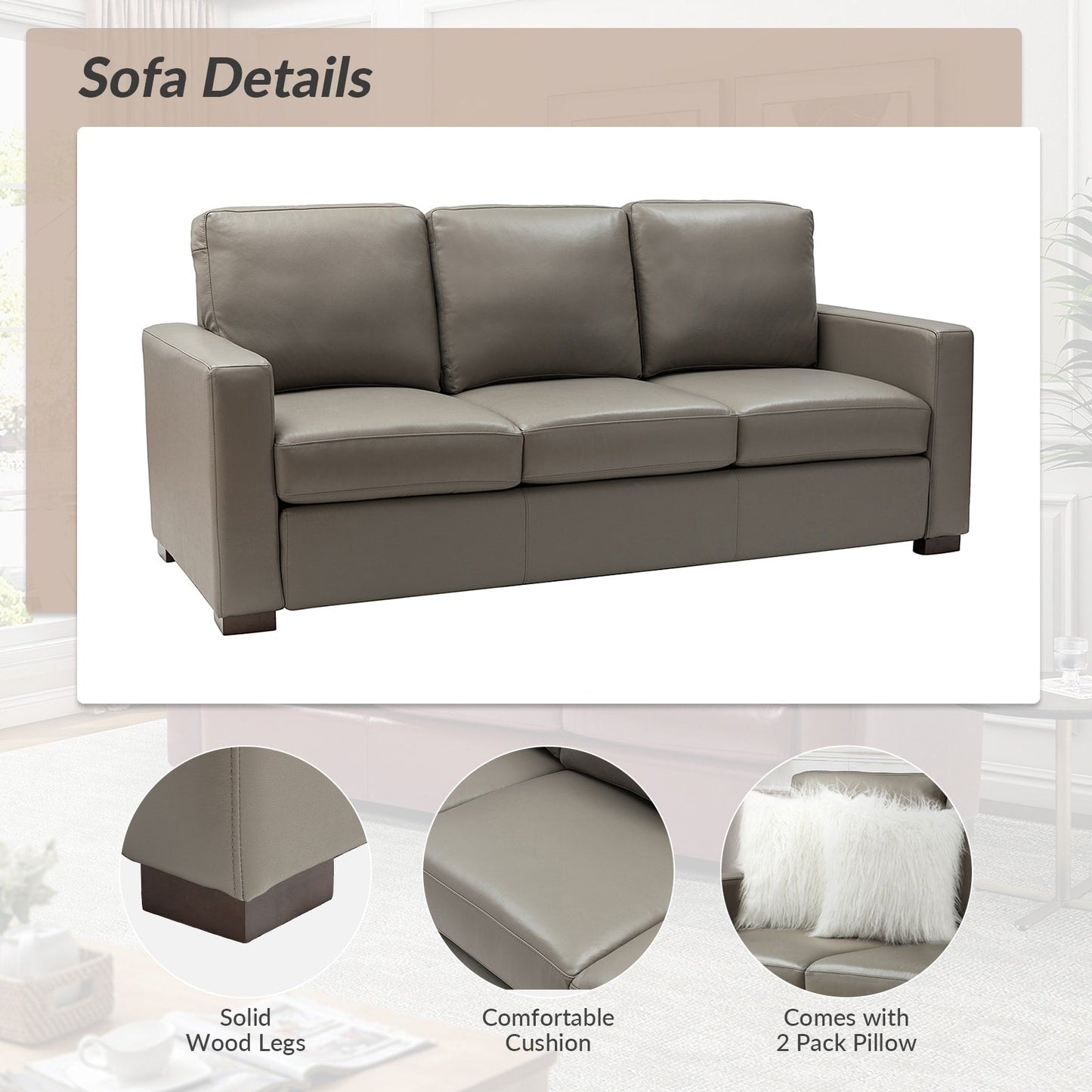 Ernando 83.46 Wide Genuine Leather Sofa with Squared Arms and Pillows