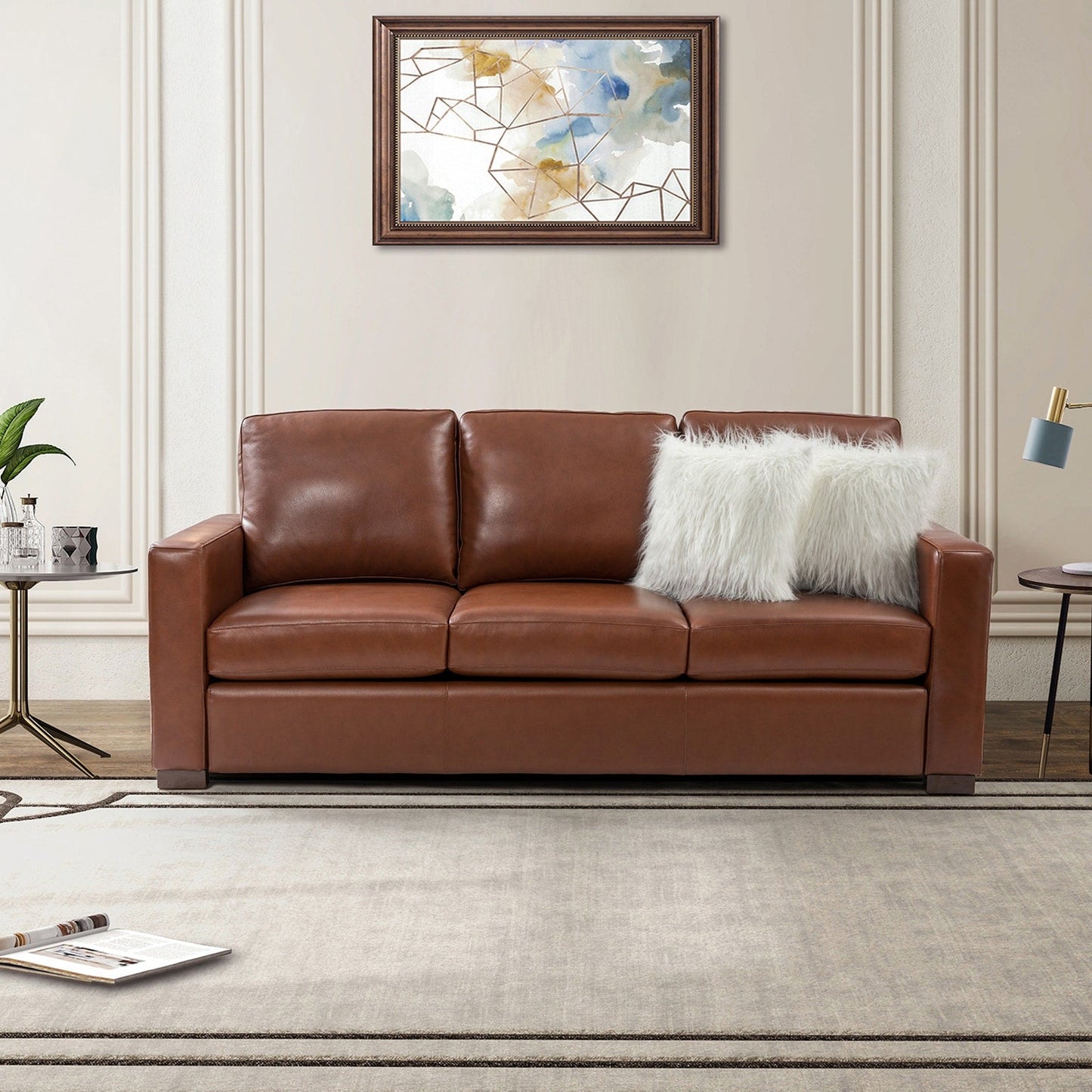 Ernando 83.46 Wide Genuine Leather Sofa with Squared Arms and Pillows