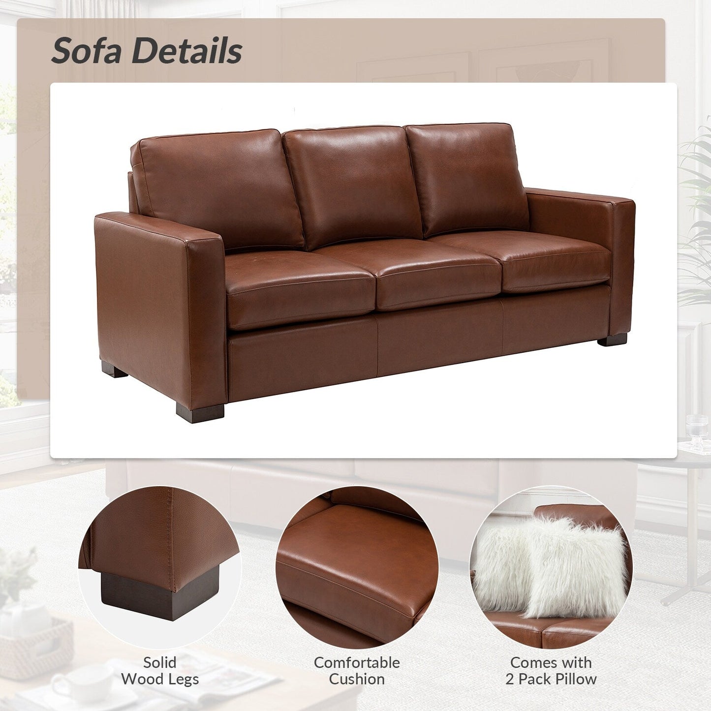 Ernando 83.46 Wide Genuine Leather Sofa with Squared Arms and Pillows