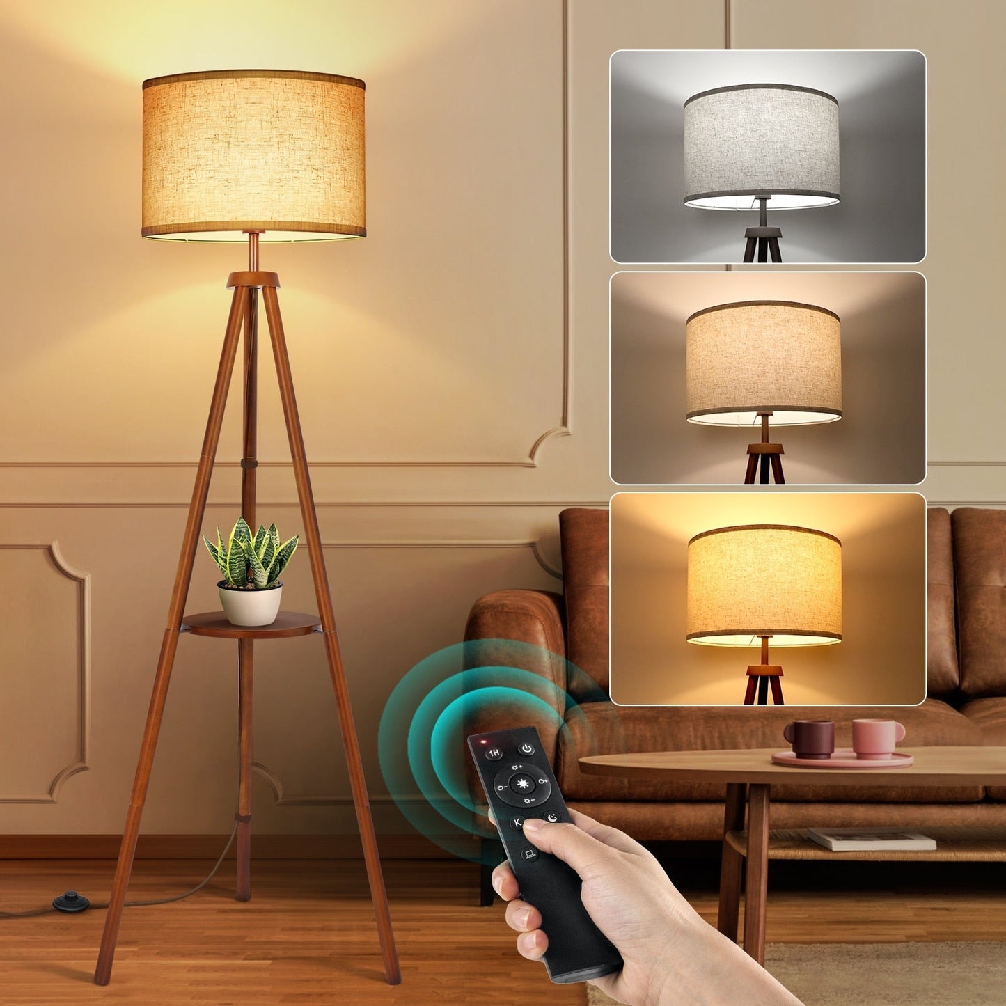 63 in. Walnut Tripod Floor Lamp with Solid Wood Legs and Tray