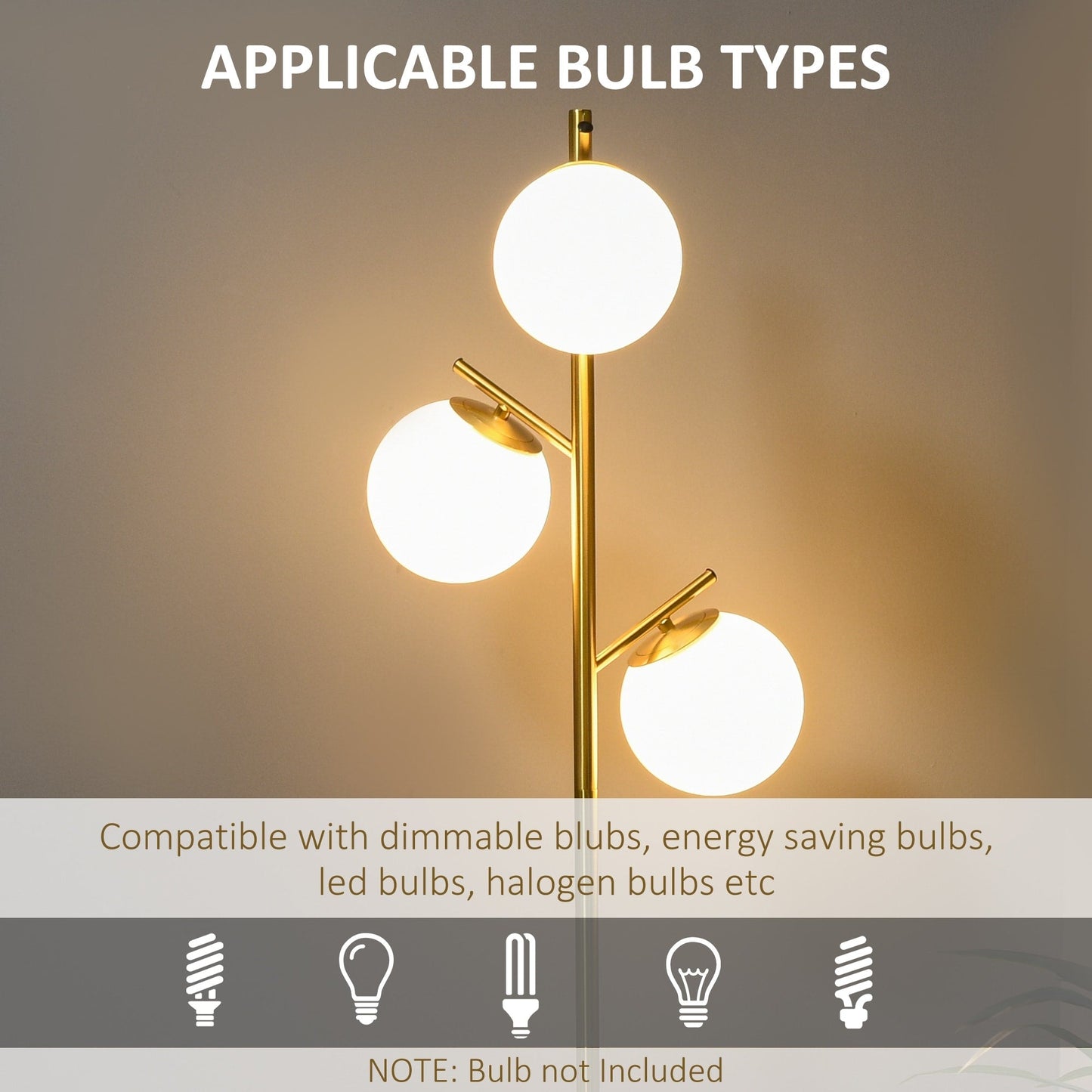 HOMCOM 3-Light Modern Floor Lamps for Living Room, Tree Standing Lamp for Bedroom with Globe Lampshade, Steel Base, Gold