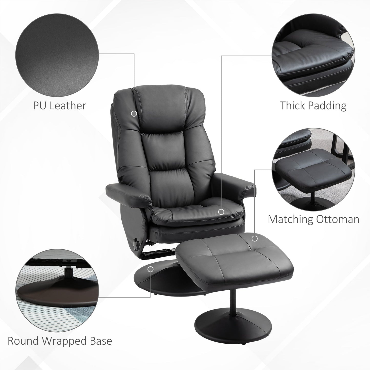 HOMCOM Recliner and Ottoman with Wrapped Base, Swivel PU Leather Reclining Chair with Footrest for Living Room