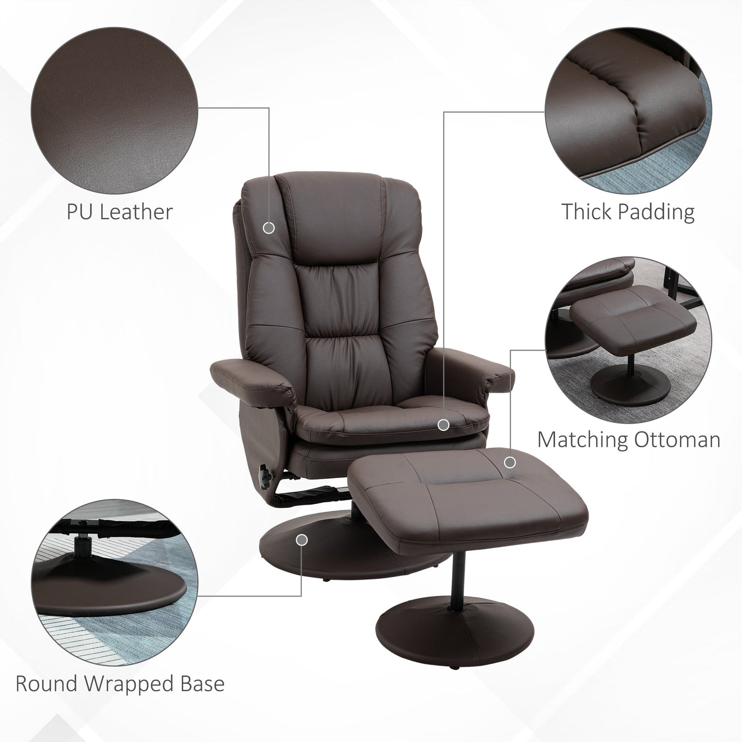 HOMCOM Recliner and Ottoman with Wrapped Base, Swivel PU Leather Reclining Chair with Footrest for Living Room