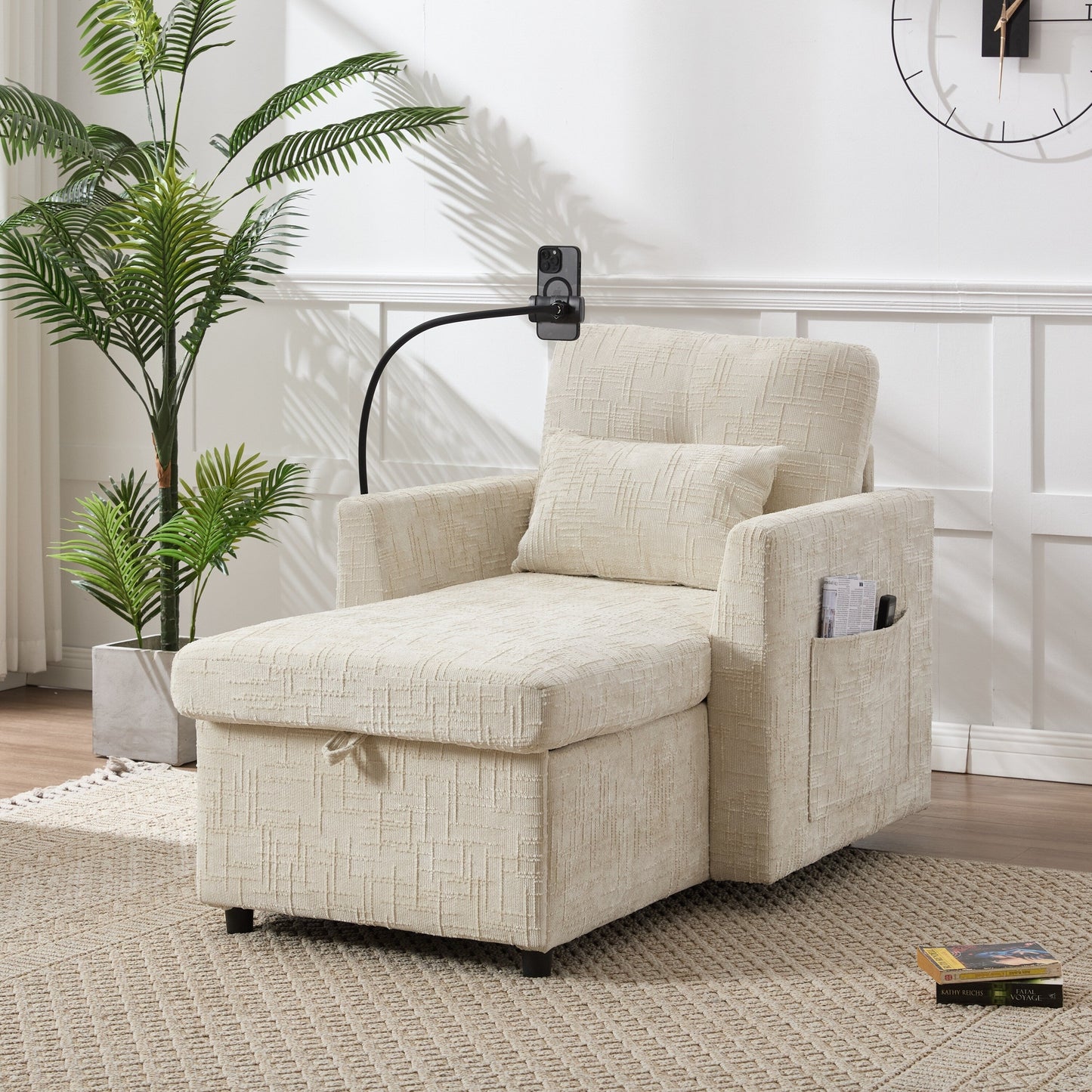 HOMEFUN Chenille Upholstered Storage Lazy Single Leisure Chair Sofa with Phone Holder