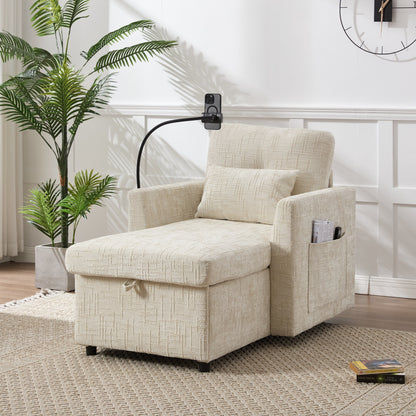 HOMEFUN Chenille Upholstered Storage Lazy Single Leisure Chair Sofa with Phone Holder
