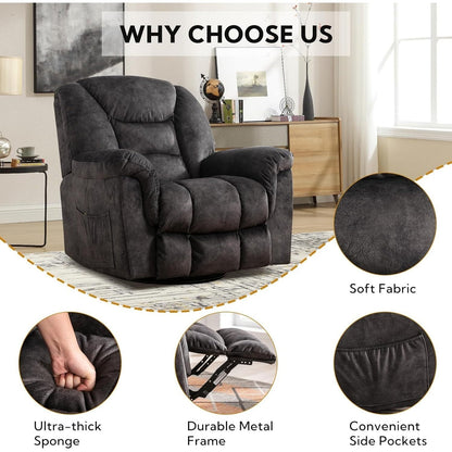 Rocker Recliner Chair Oversized Manual 360° Swivel Recliners for Living Room