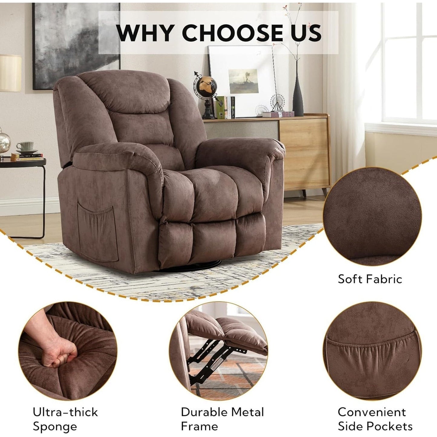 Rocker Recliner Chair Oversized Manual 360° Swivel Recliners for Living Room