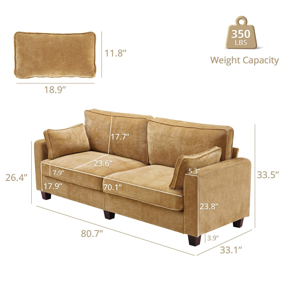 LUE BONA 81 Modern Corduroy 3 Seater Sofa, Polyester Rectangle Upholstered Sofa with Wood Base for Living Room