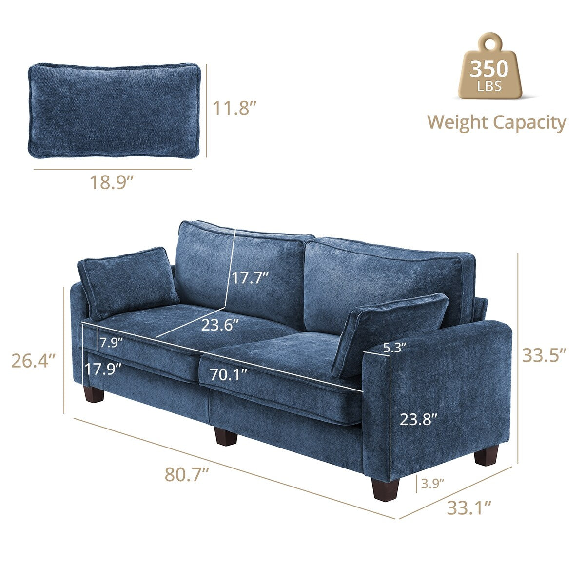 LUE BONA 81 Modern Corduroy 3 Seater Sofa, Polyester Rectangle Upholstered Sofa with Wood Base for Living Room