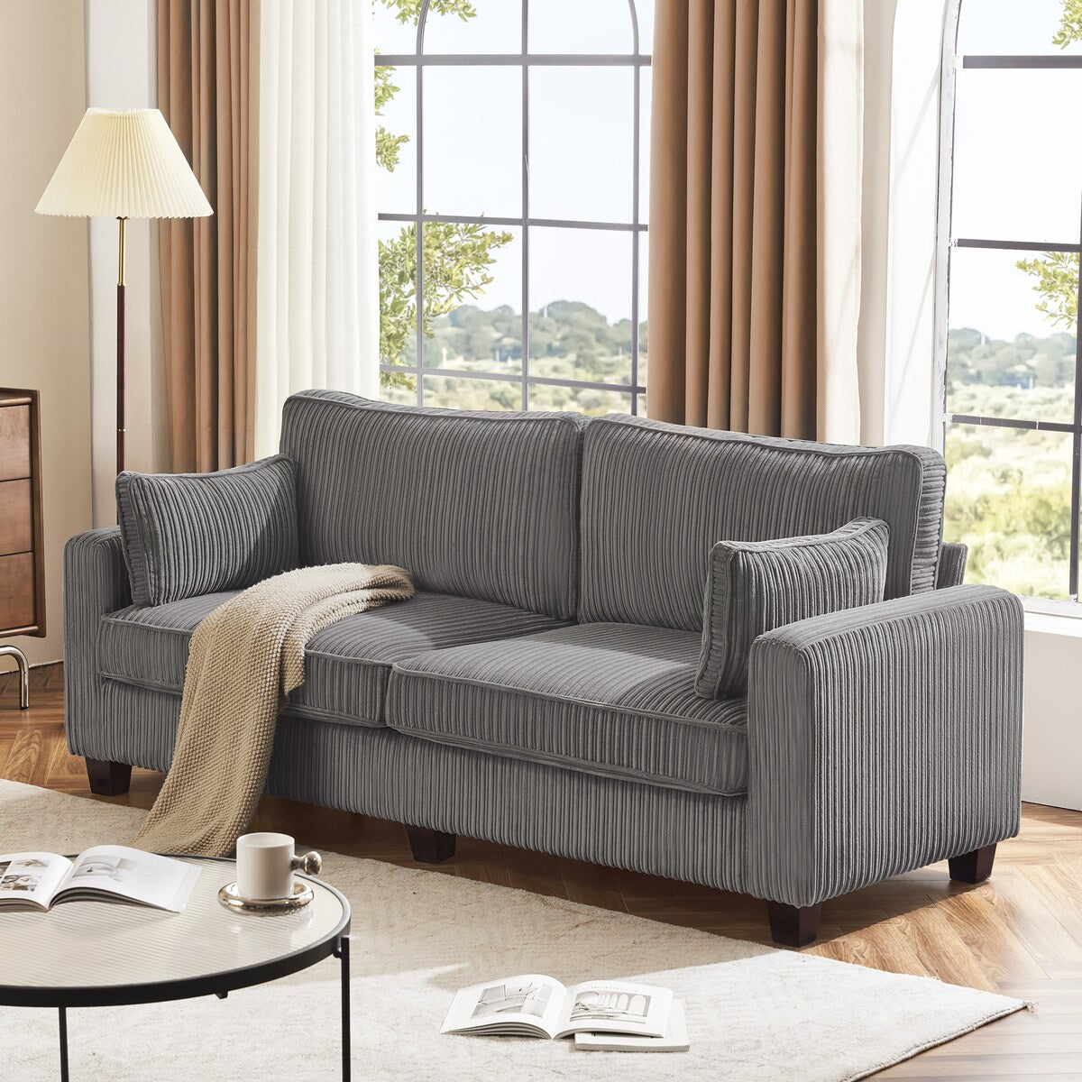 LUE BONA 81 Modern Corduroy 3 Seater Sofa, Polyester Rectangle Upholstered Sofa with Wood Base for Living Room