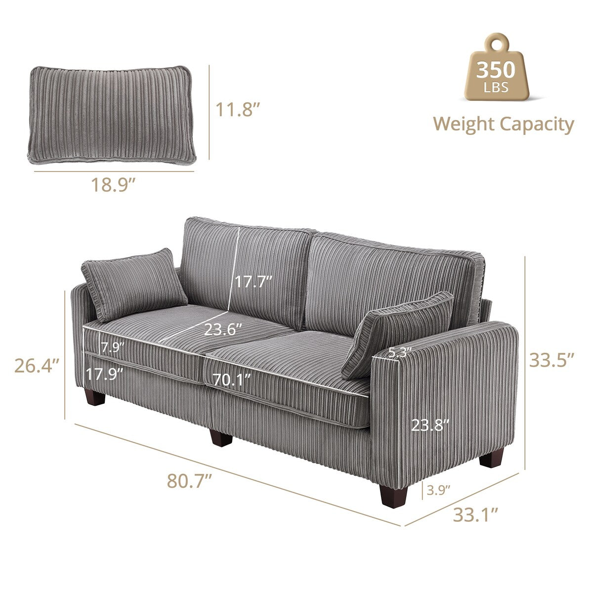 LUE BONA 81 Modern Corduroy 3 Seater Sofa, Polyester Rectangle Upholstered Sofa with Wood Base for Living Room