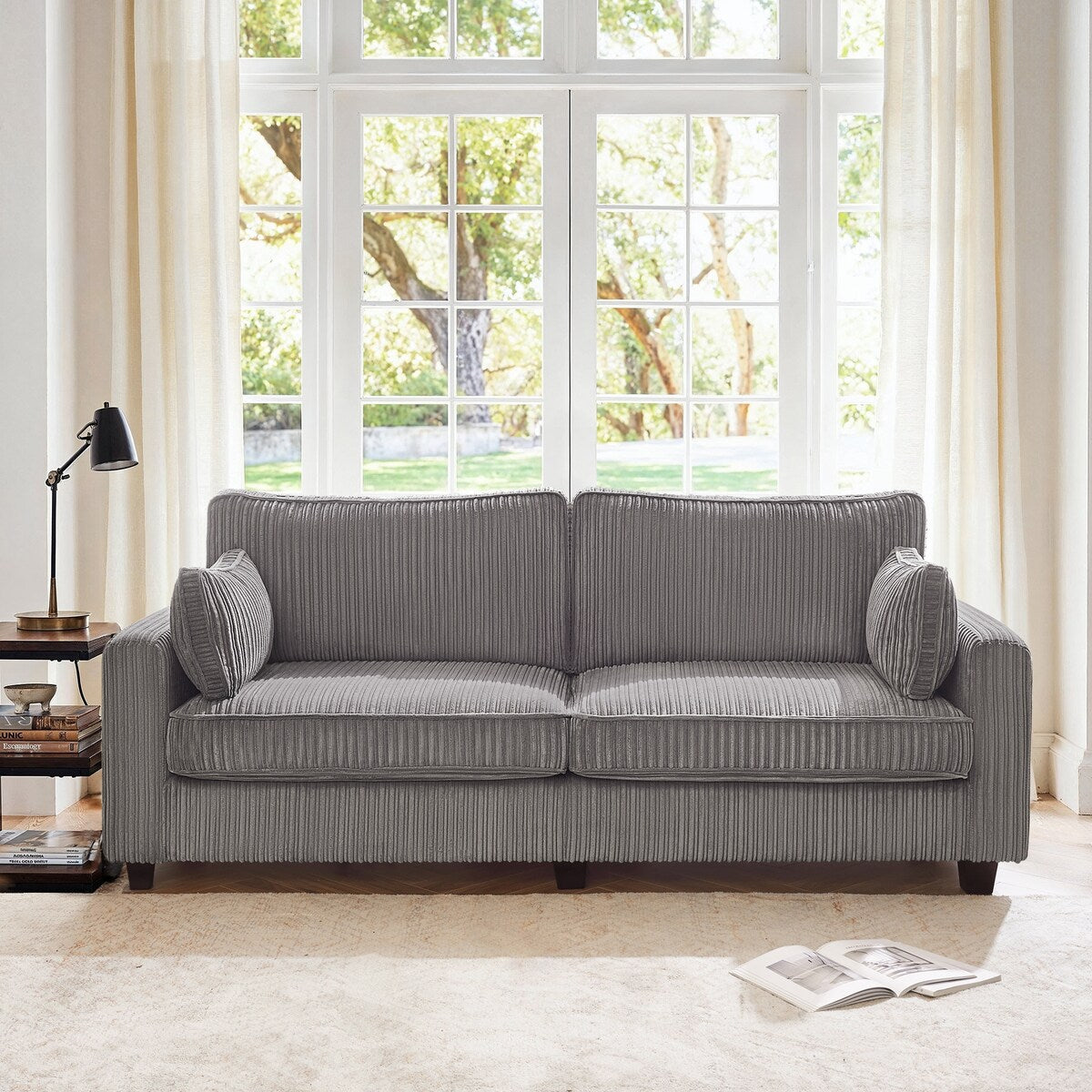 LUE BONA 81 Modern Corduroy 3 Seater Sofa, Polyester Rectangle Upholstered Sofa with Wood Base for Living Room