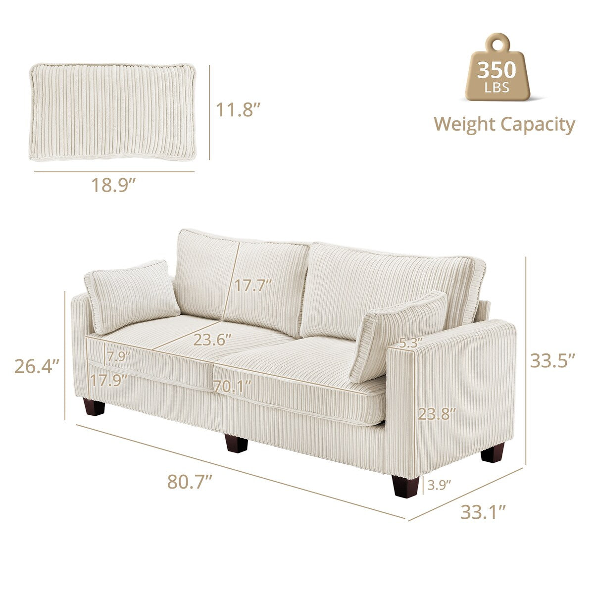 LUE BONA 81 Modern Corduroy 3 Seater Sofa, Polyester Rectangle Upholstered Sofa with Wood Base for Living Room