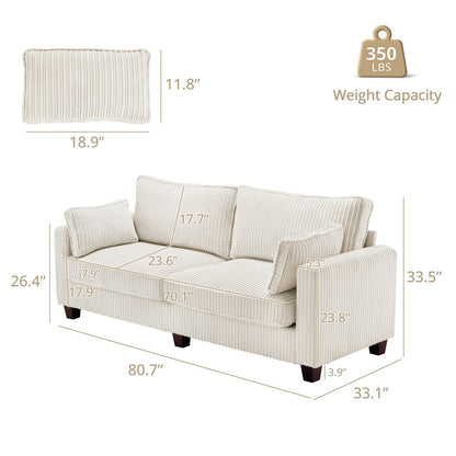 LUE BONA 81 Modern Corduroy 3 Seater Sofa, Polyester Rectangle Upholstered Sofa with Wood Base for Living Room