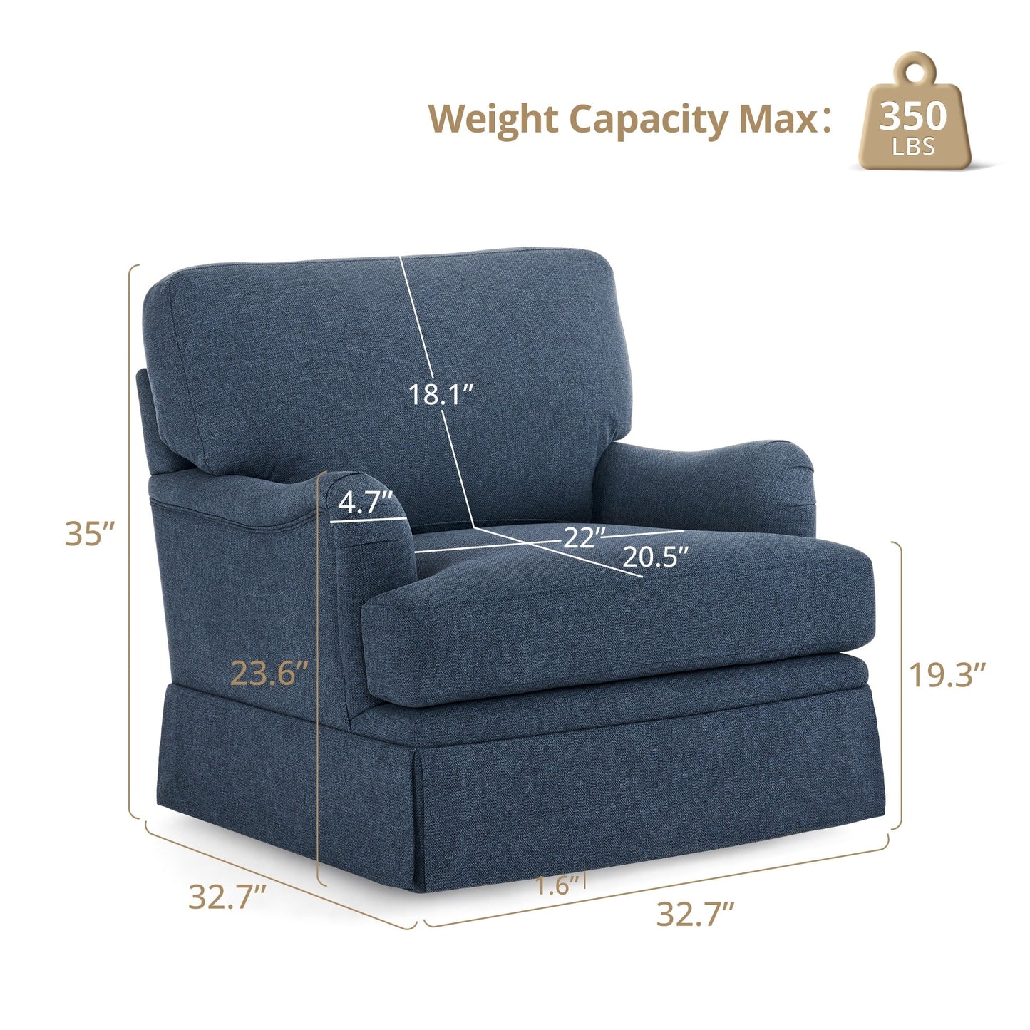 LUE BONA Deep Seat Single Sofa Fabric Swivel Armchair, Single-Seater Living Room Accent Chair
