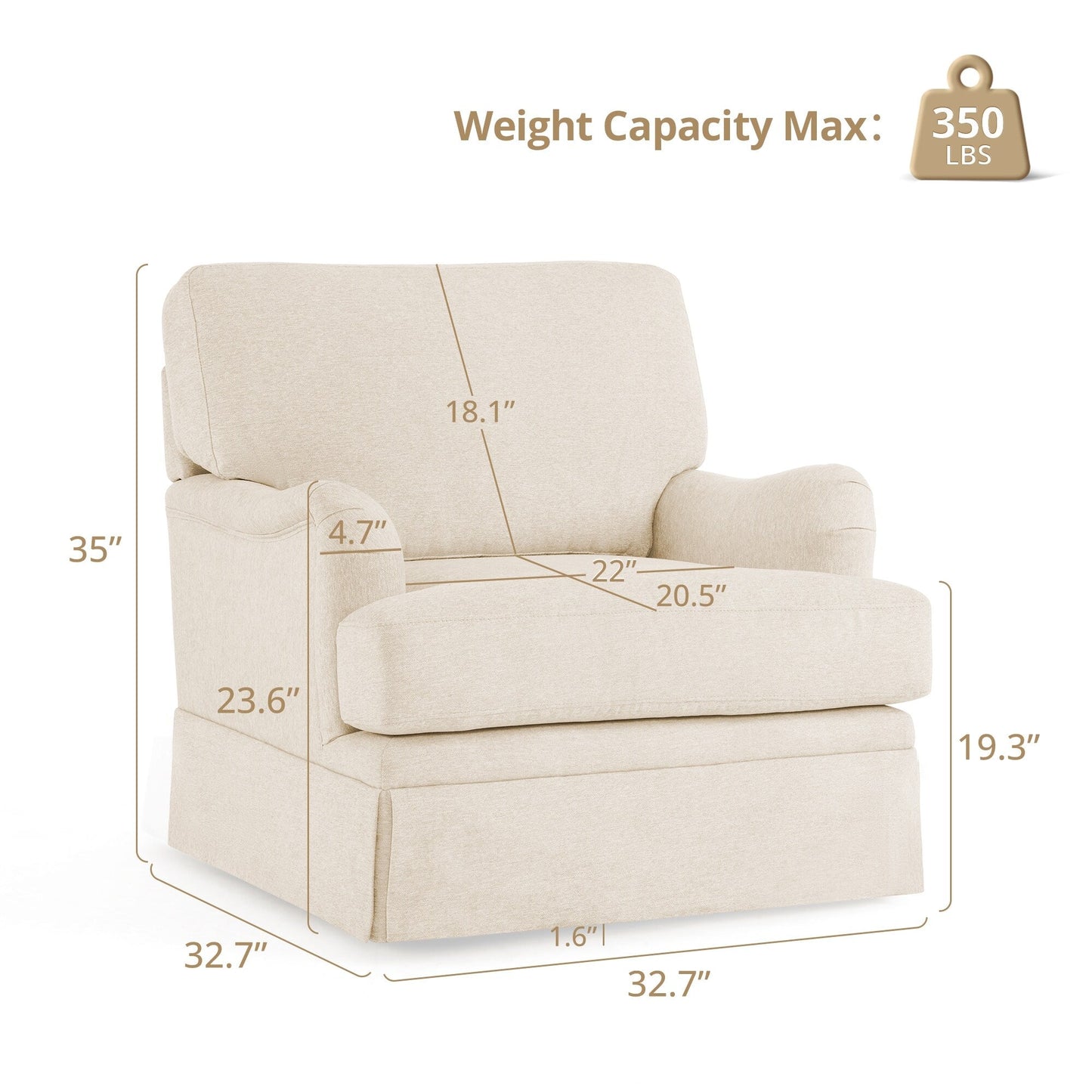 LUE BONA Deep Seat Single Sofa Fabric Swivel Armchair, Single-Seater Living Room Accent Chair