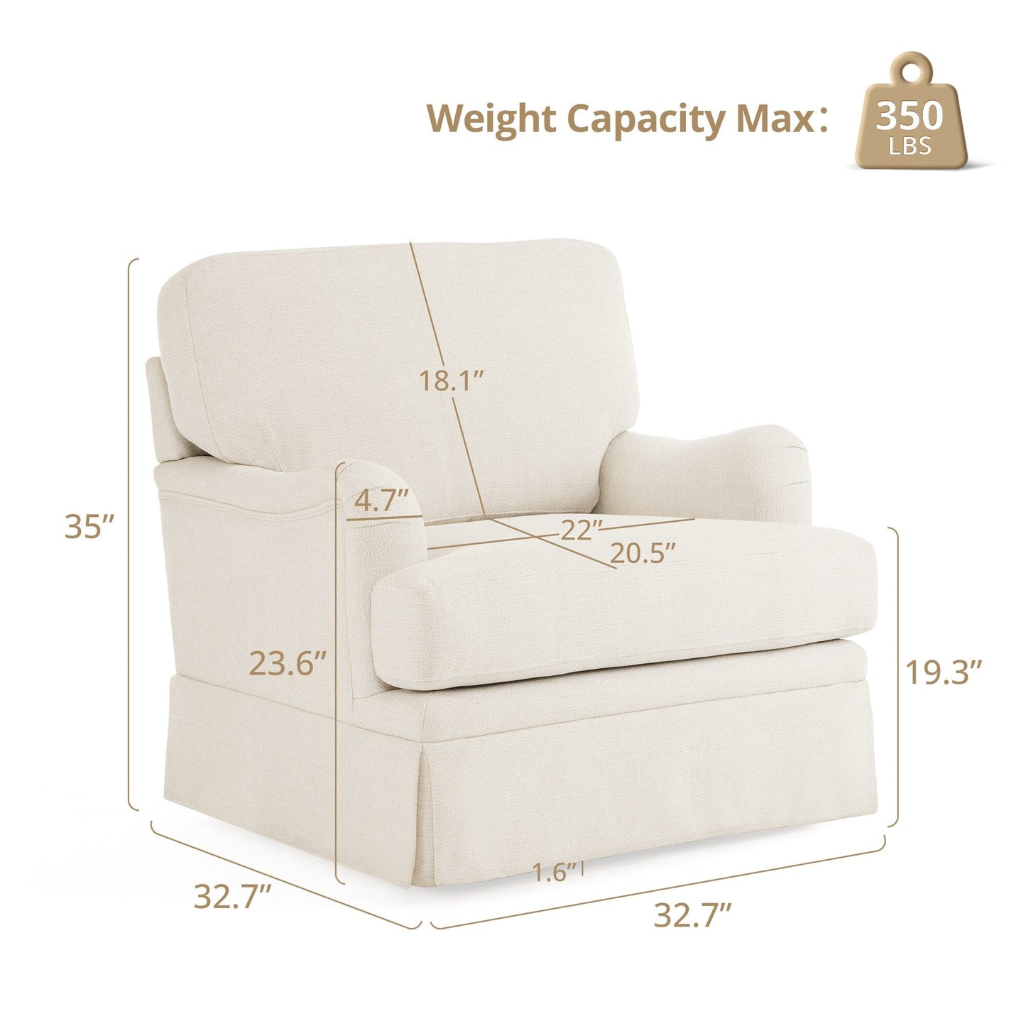 LUE BONA Deep Seat Single Sofa Fabric Swivel Armchair, Single-Seater Living Room Accent Chair