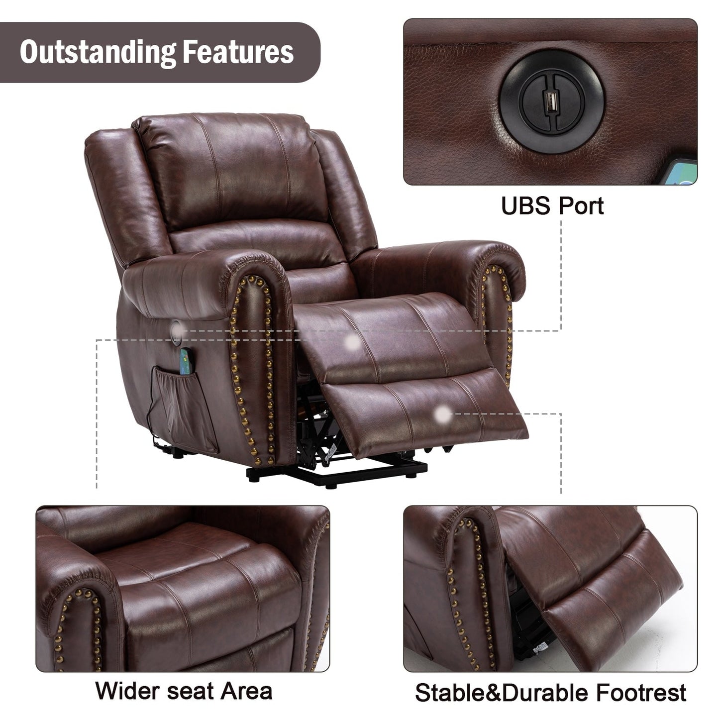Breathable Rivet Power Lift Recliner Chair with Massage,Heat and USB Port