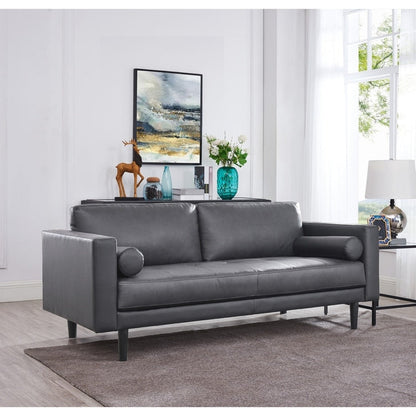 Modern Genuine Leather Sofa with Wooden Legs & Additional Bolster Pillow