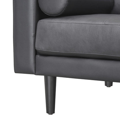 Modern Genuine Leather Sofa with Wooden Legs & Additional Bolster Pillow
