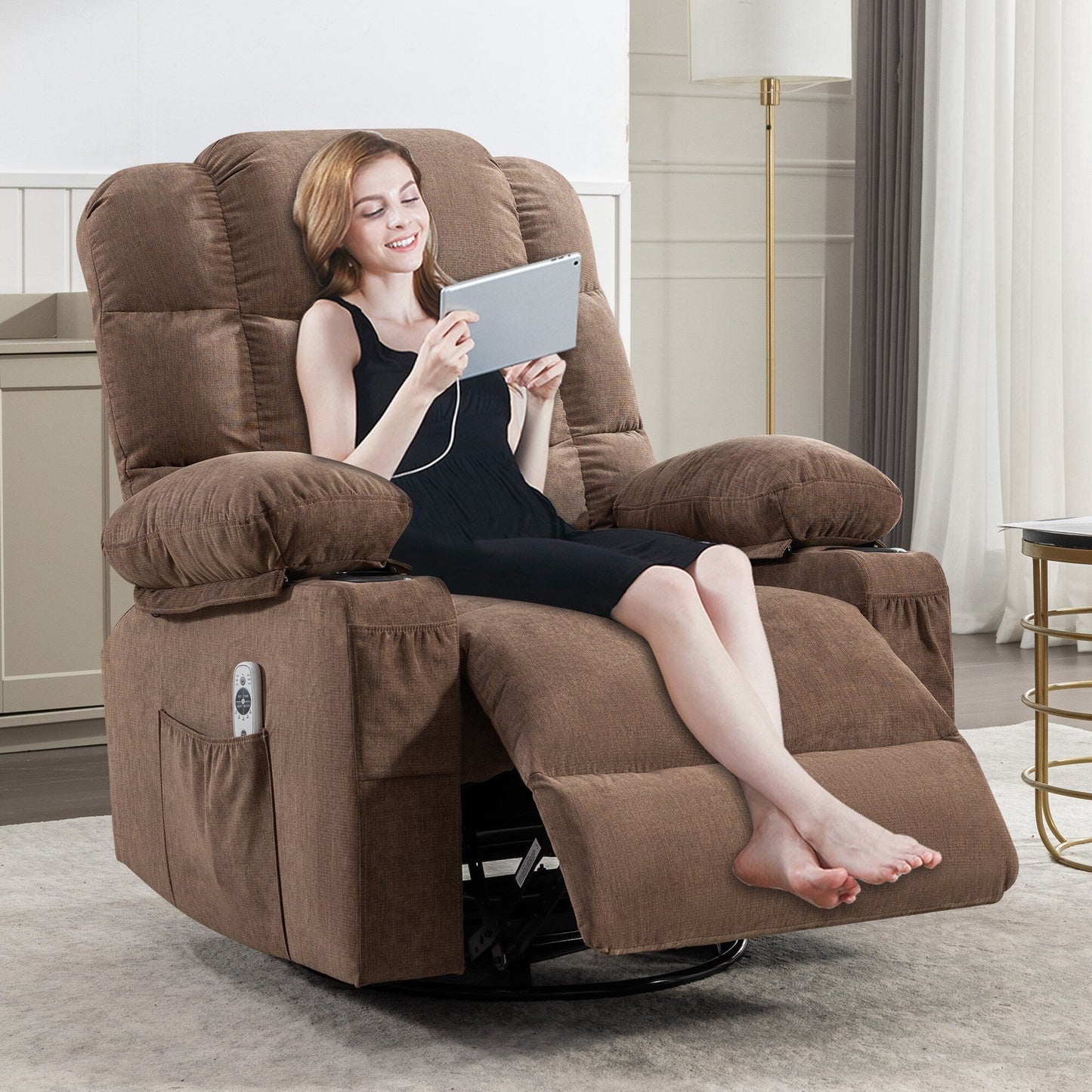 Massage Rocker Recliner Chair Rocking Chairs for Adults Oversized with 2 Cup Holders, USB Charge Port Soft Features a Manual Mas