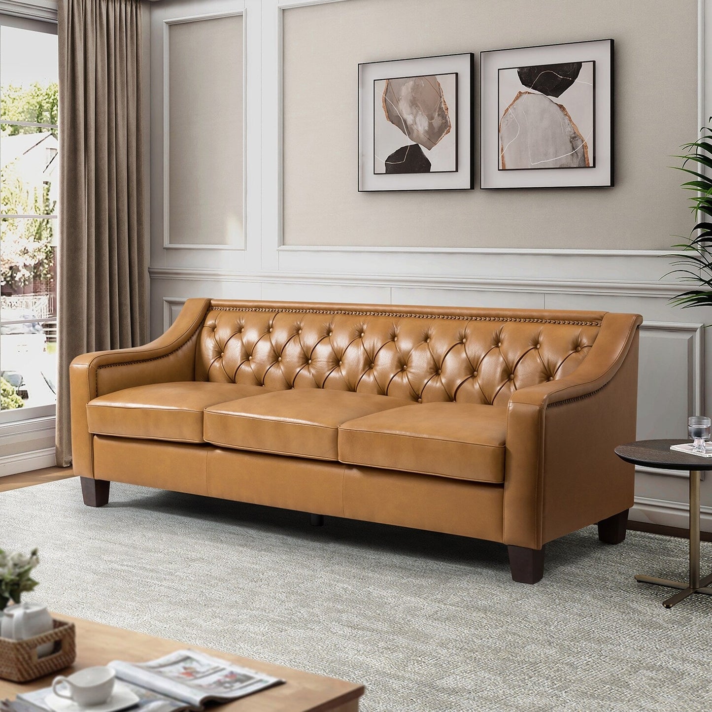 Mateo 82.28 Wide Transitional Genuine Leather Sofa with Nailhead Trim and Button-Tufted Back