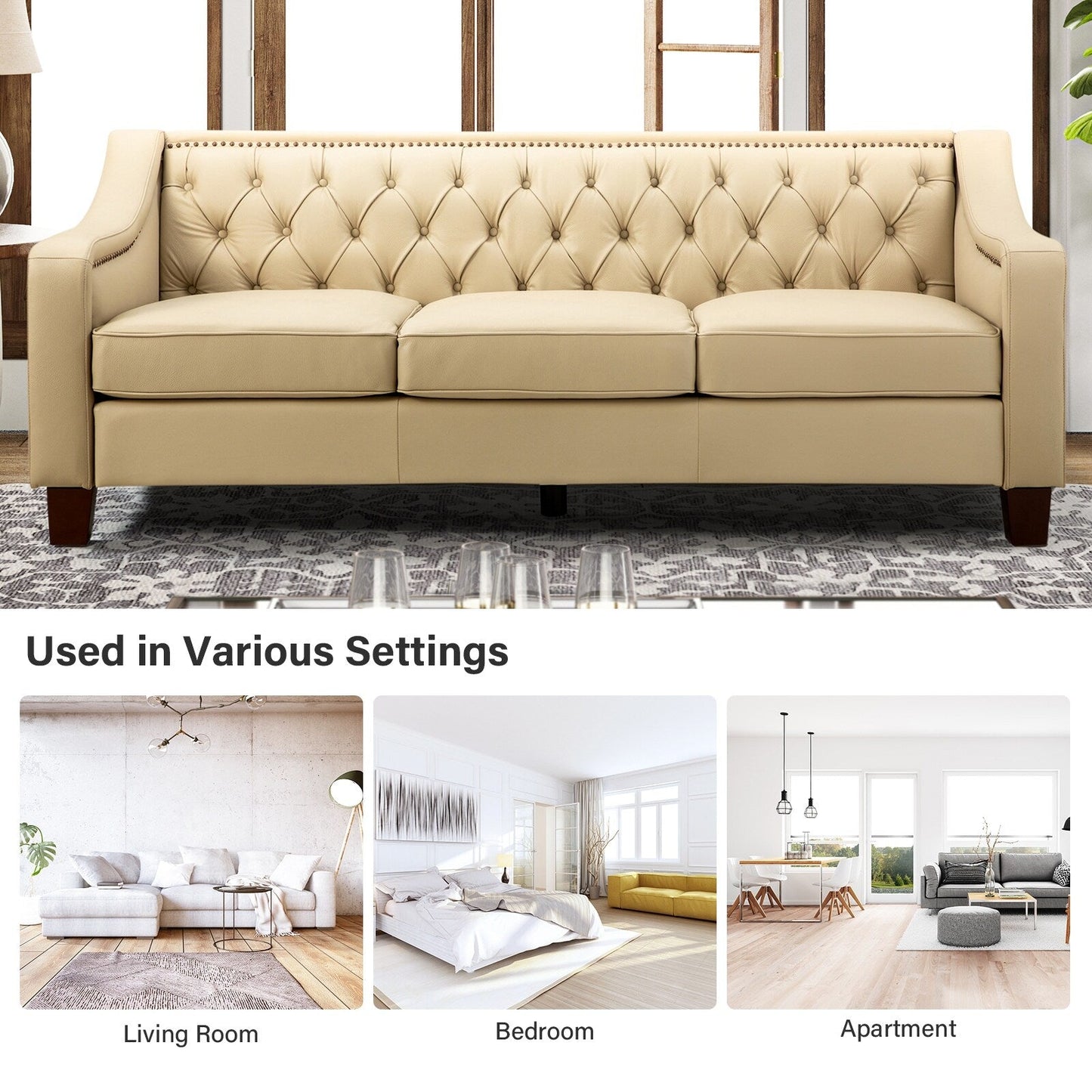 Mateo 82.28 Wide Transitional Genuine Leather Sofa with Nailhead Trim and Button-Tufted Back