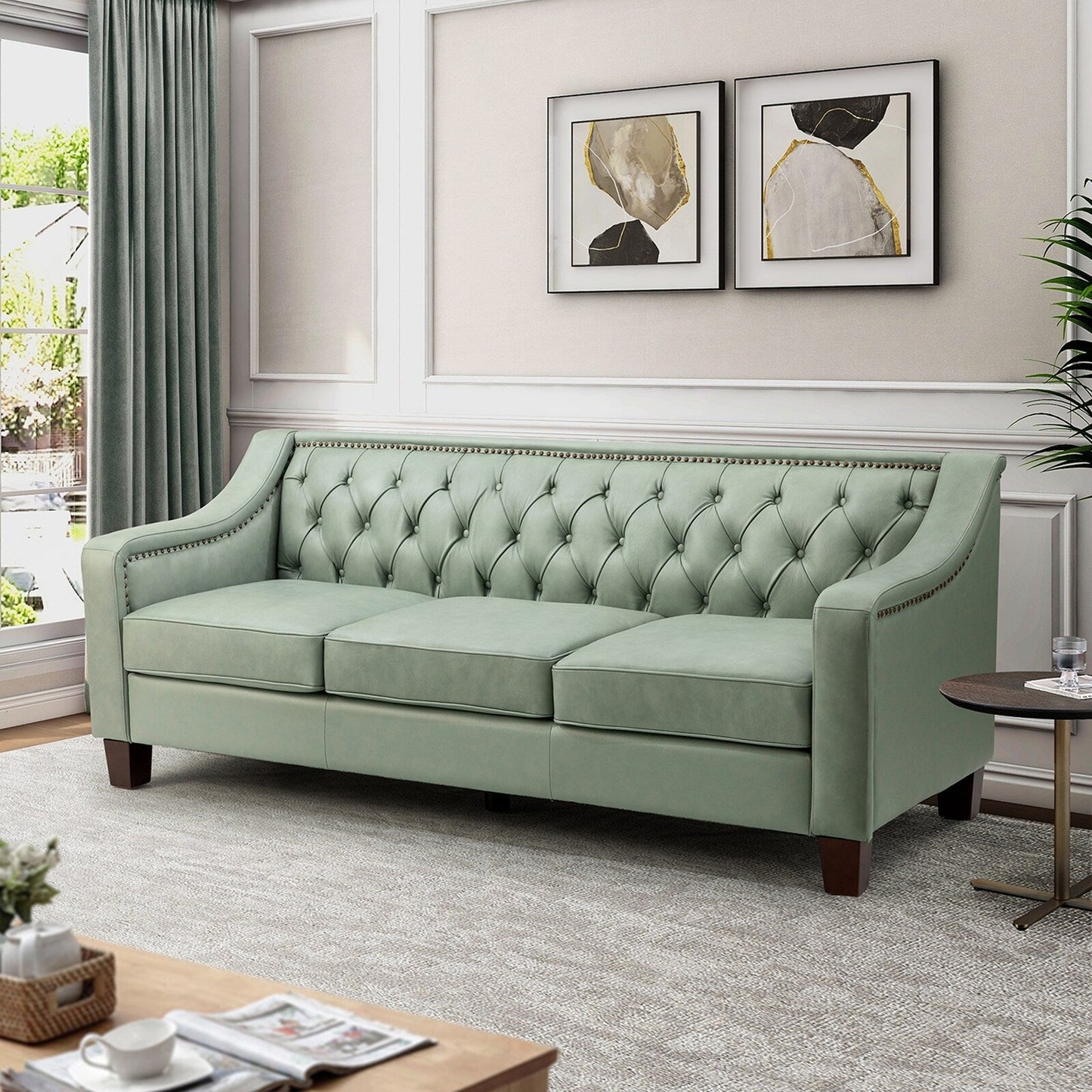 Mateo 82.28 Wide Transitional Genuine Leather Sofa with Nailhead Trim and Button-Tufted Back