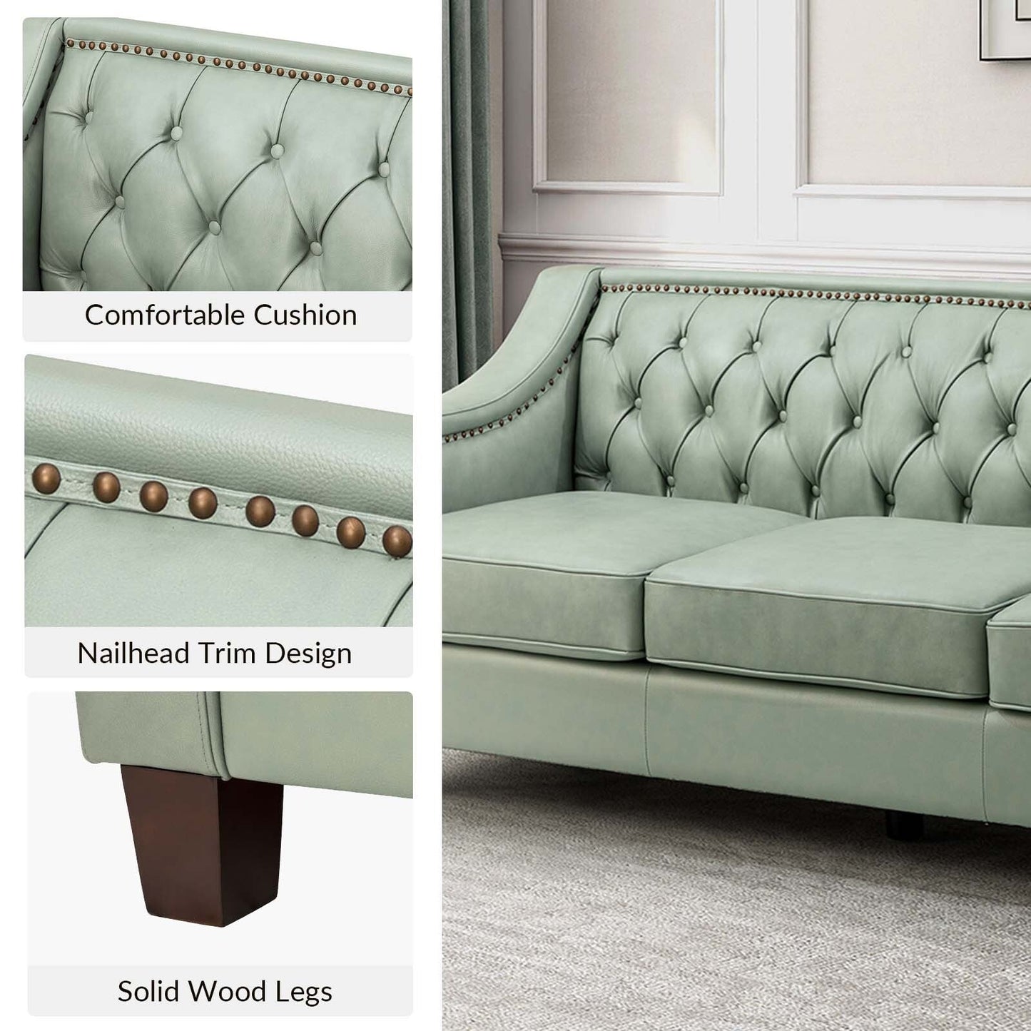 Mateo 82.28 Wide Transitional Genuine Leather Sofa with Nailhead Trim and Button-Tufted Back