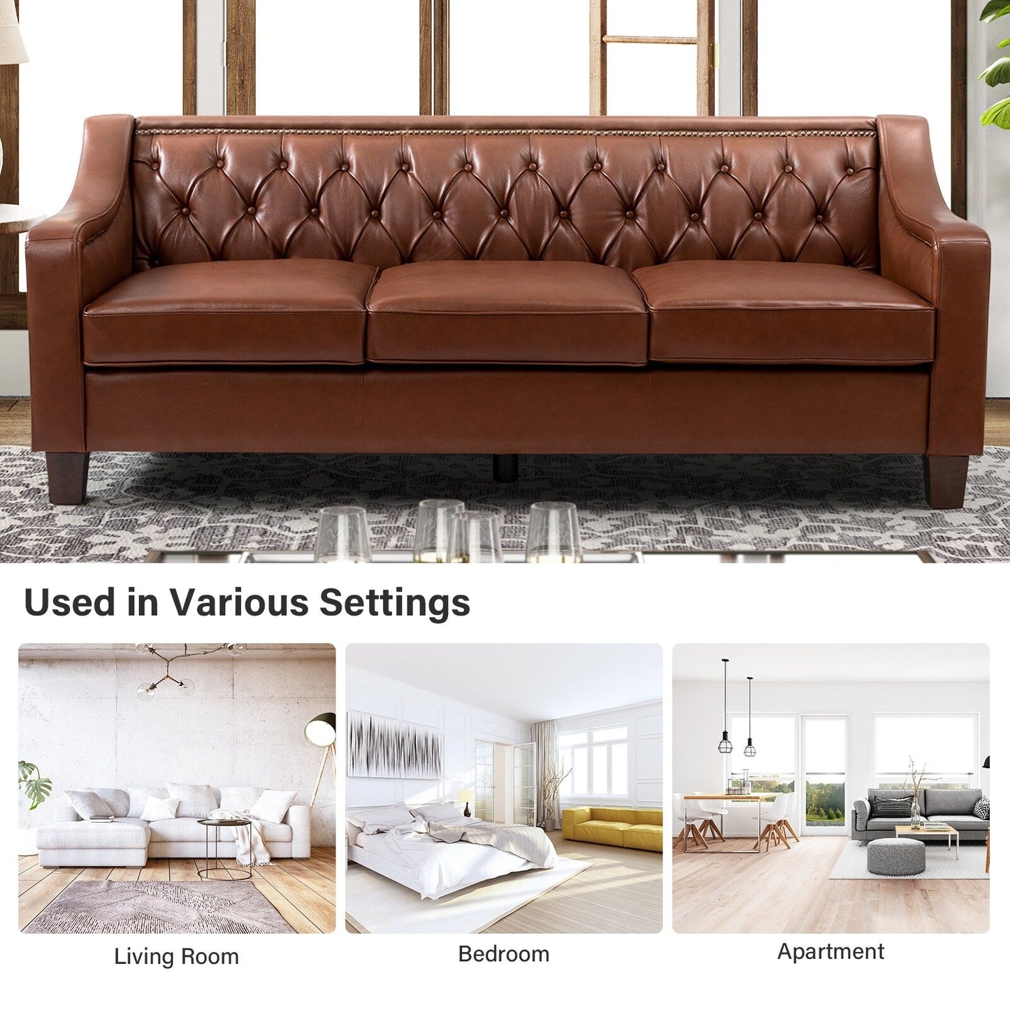 Mateo 82.28 Wide Transitional Genuine Leather Sofa with Nailhead Trim and Button-Tufted Back
